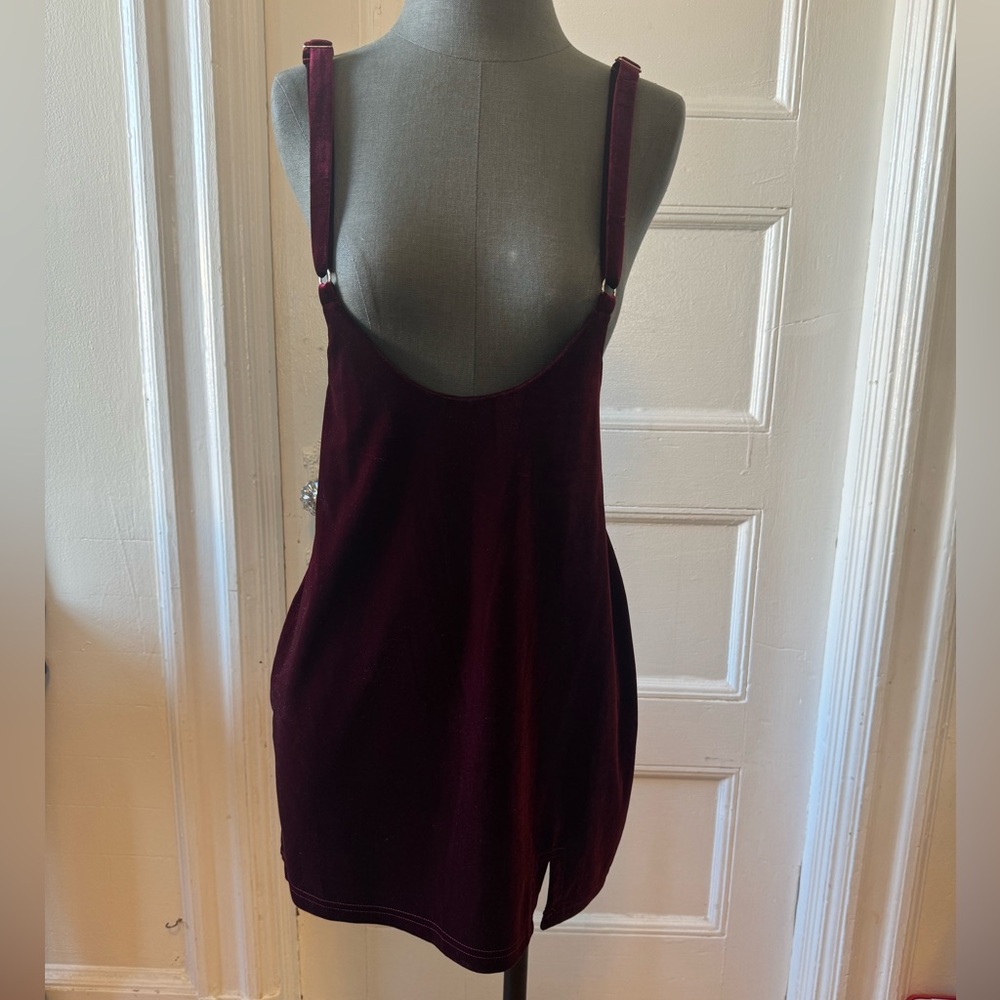 Velvet Burgundy Cranberry dress with suspenders and zip up back